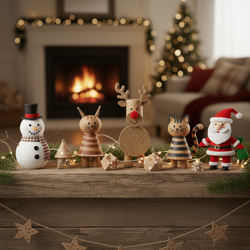 ai-photo-studio-1762101258387-1 Festive Christmas figurines with snowman, reindeer, cats, and Santa by the fireplace and tree. Cozy holiday decor. | Sky Rye Design Festive Christmas figurines with snowman, reindeer, cats, and Santa by the fireplace and tree. Cozy holiday decor.