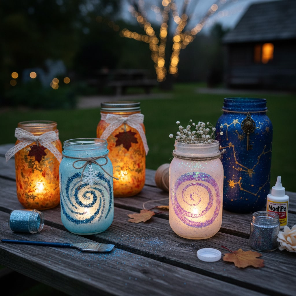 ai-photo-studio-1762101345025-1 DIY decorative mason jars with glowing lights and glitter designs on a wooden table outdoors at dusk. | Sky Rye Design DIY decorative mason jars with glowing lights and glitter designs on a wooden table outdoors at dusk.