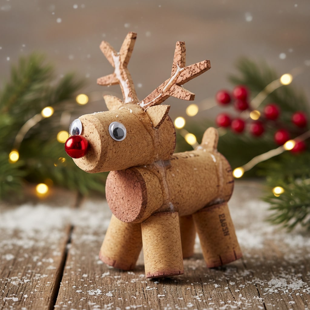ai-photo-studio-1762101432194-1 Cork reindeer with a red nose on a wooden table, surrounded by festive lights, snow, and greenery. | Sky Rye Design Cork reindeer with a red nose on a wooden table, surrounded by festive lights, snow, and greenery.