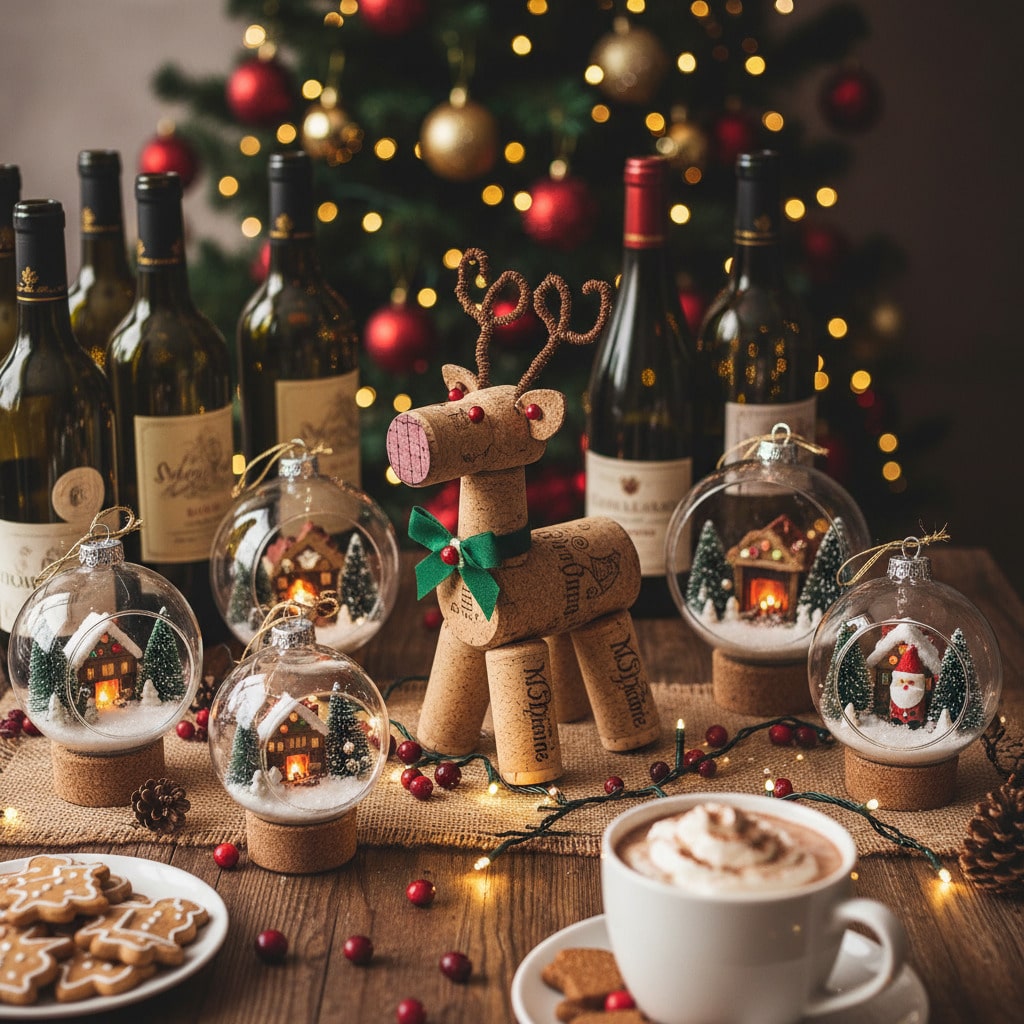 ai-photo-studio-1762101456488-1 Cozy Christmas scene with wine bottles, cork reindeer, snow globes, gingerbread cookies, and festive lights. | Sky Rye Design Cozy Christmas scene with wine bottles, cork reindeer, snow globes, gingerbread cookies, and festive lights.