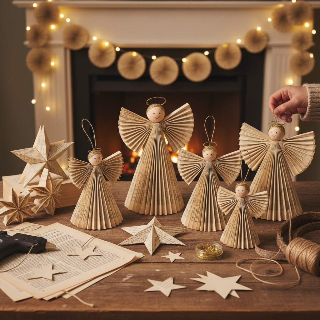ai-photo-studio-1762101580533-1 Handmade paper angels and stars crafting scene by a cozy fireplace, perfect for festive Christmas decorations. | Sky Rye Design Handmade paper angels and stars crafting scene by a cozy fireplace, perfect for festive Christmas decorations.