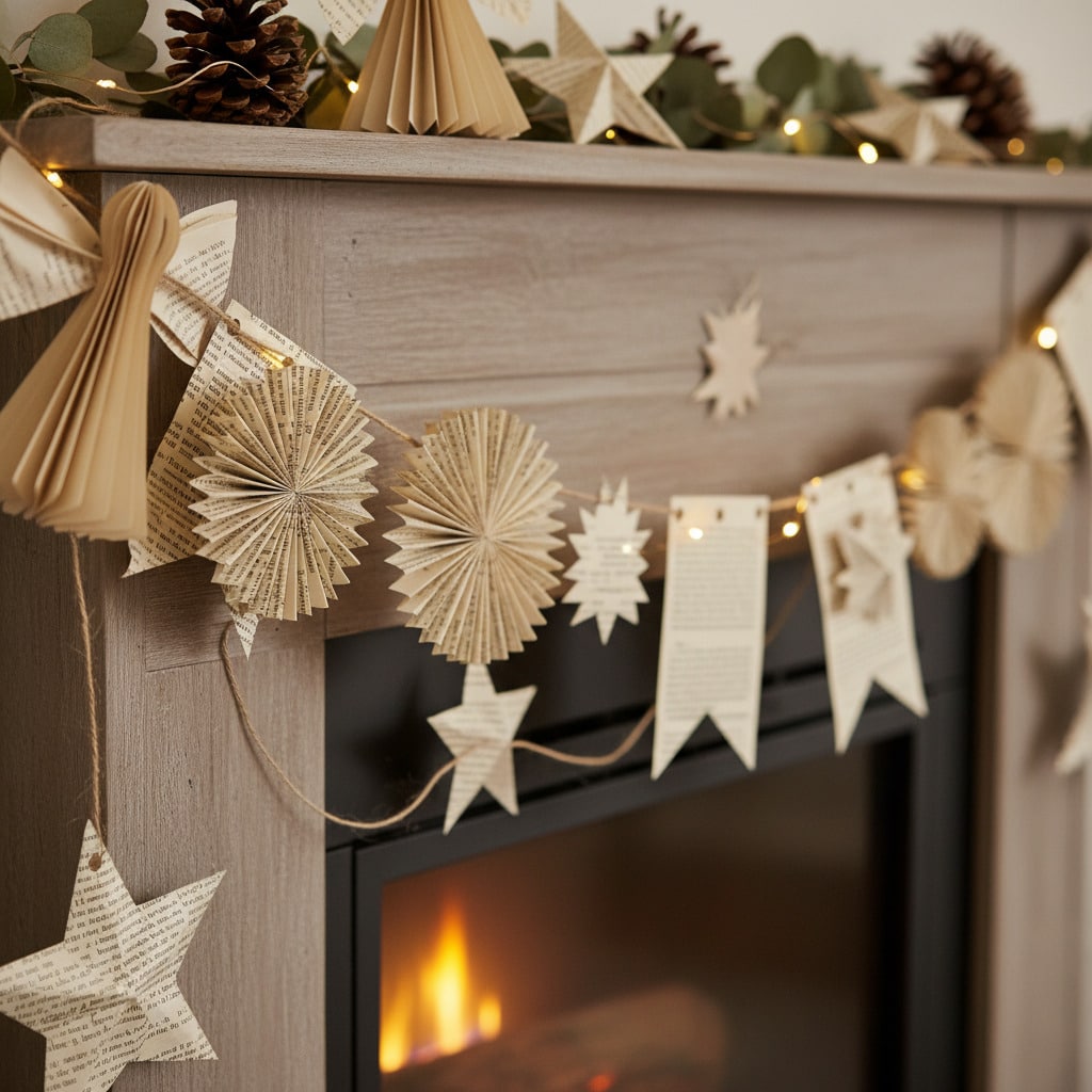 ai-photo-studio-1762101582610-2 Cozy holiday fireplace with paper stars and garland decorations, creating a warm festive atmosphere. | Sky Rye Design Cozy holiday fireplace with paper stars and garland decorations, creating a warm festive atmosphere.