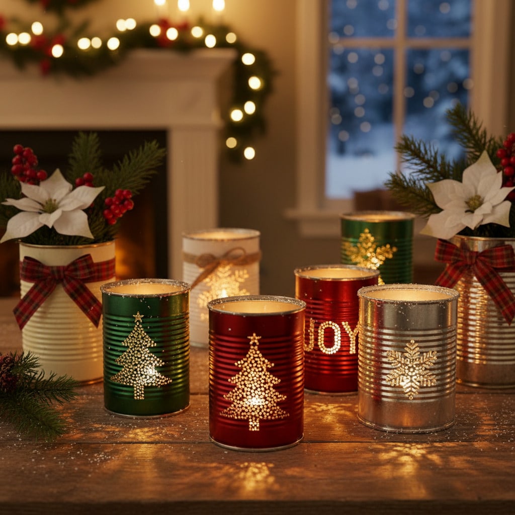 ai-photo-studio-1762102159142-1 Festive tin can lanterns with Christmas tree and snowflake designs, creating a cozy holiday ambiance on a wooden table. | Sky Rye Design Festive tin can lanterns with Christmas tree and snowflake designs, creating a cozy holiday ambiance on a wooden table.