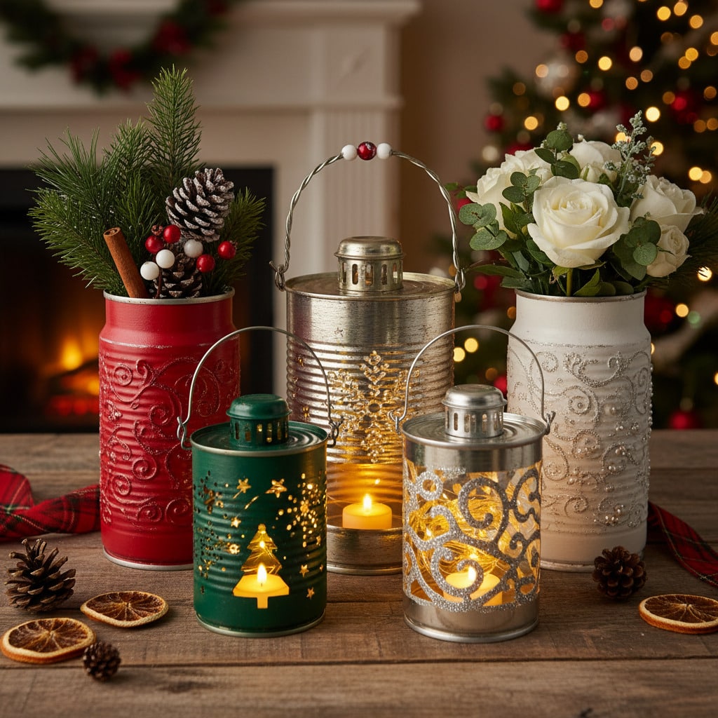 ai-photo-studio-1762102161272-2 Festive holiday lanterns and decorations with pinecones on a table, tree and fireplace in the background. | Sky Rye Design Festive holiday lanterns and decorations with pinecones on a table, tree and fireplace in the background.