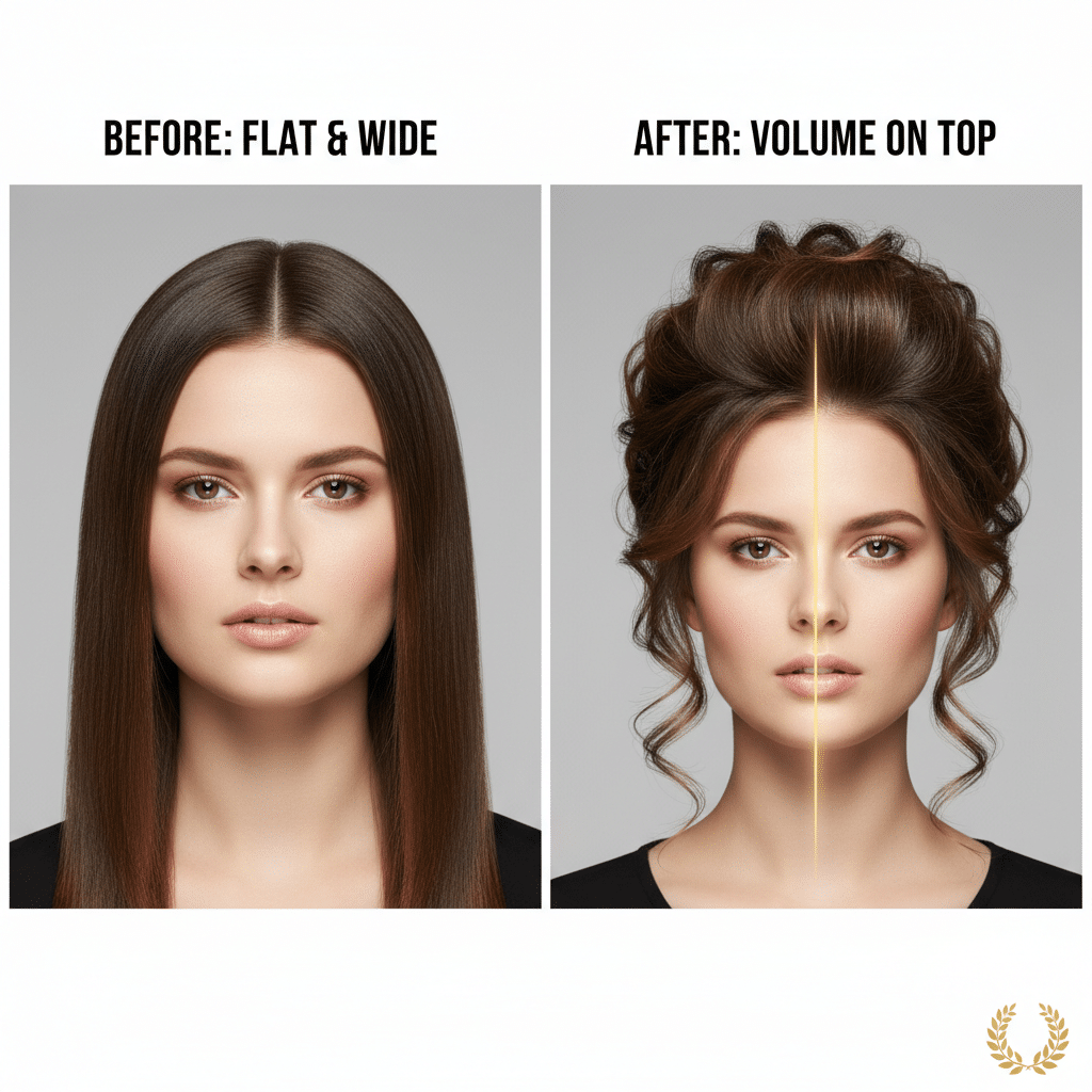 Hair transformation: Flat to voluminous style with added volume on top, before and after comparison.