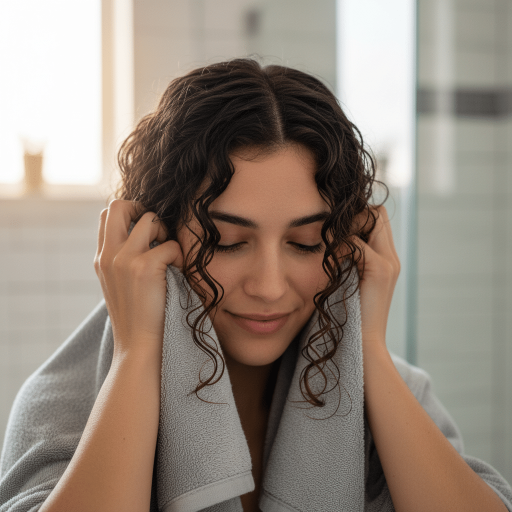 ai-photo-studio-1762215619951-1 Woman with curly hair drying with a towel, smiling in a well-lit bathroom, enjoying a relaxing moment. | Sky Rye Design Woman with curly hair drying with a towel, smiling in a well-lit bathroom, enjoying a relaxing moment.