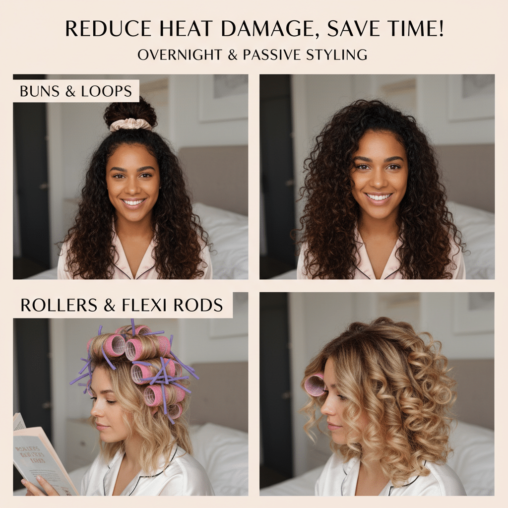 ai-photo-studio-1762215673015-1 Four women showing hairstyles using buns, loops, rollers, and flexi rods for heat-free overnight styling. | Sky Rye Design Four women showing hairstyles using buns, loops, rollers, and flexi rods for heat-free overnight styling.