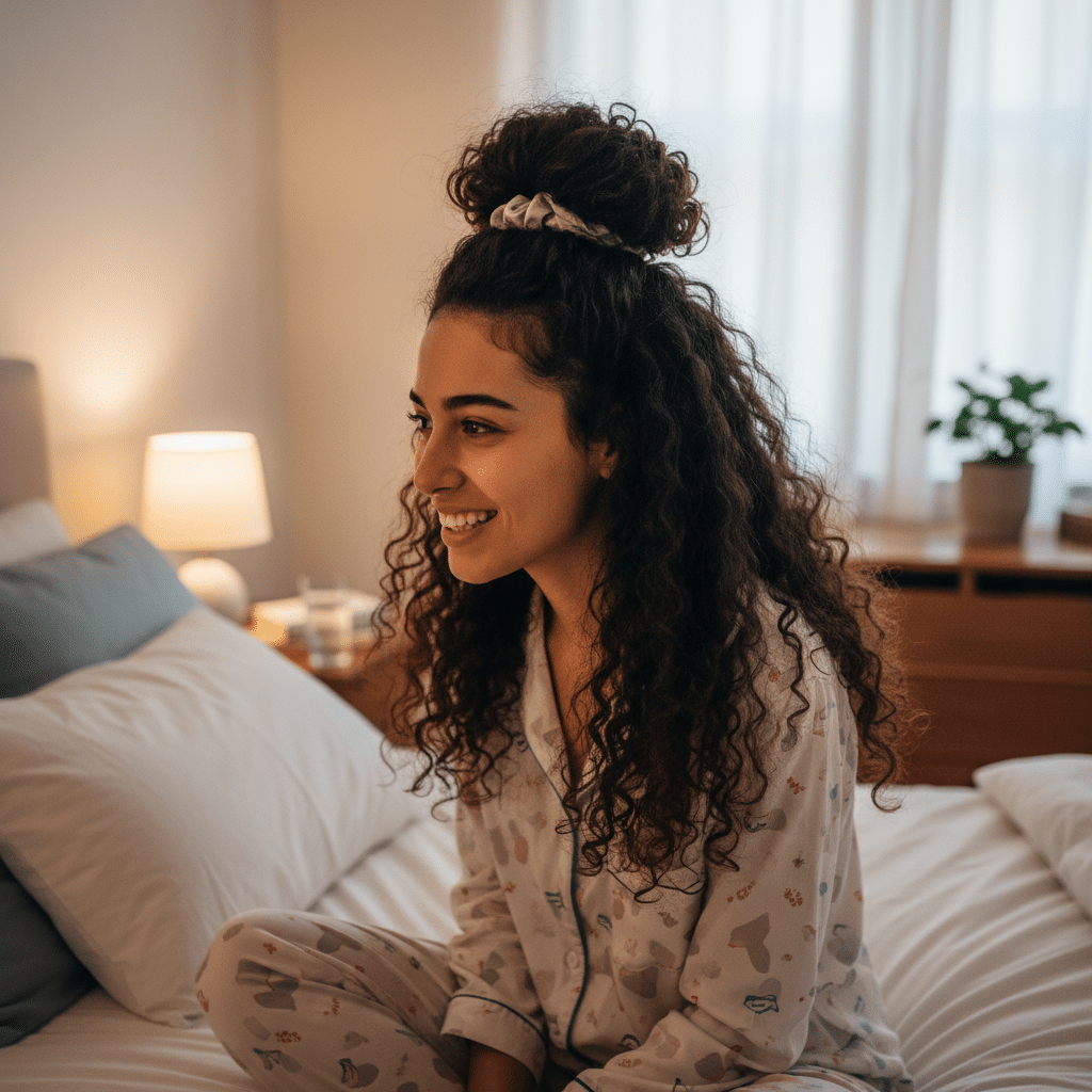 ai-photo-studio-1762215674364-2 Woman in cozy pajamas sitting on bed, smiling, with ambient bedroom lighting in the background. | Sky Rye Design Woman in cozy pajamas sitting on bed, smiling, with ambient bedroom lighting in the background.