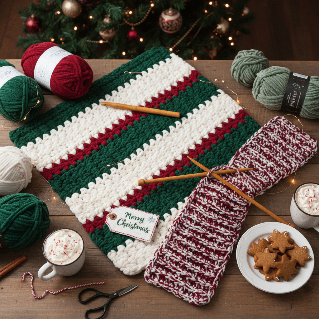 Christmas crochet with green, red, and white yarns, cookies, and holiday decorations by a tree.