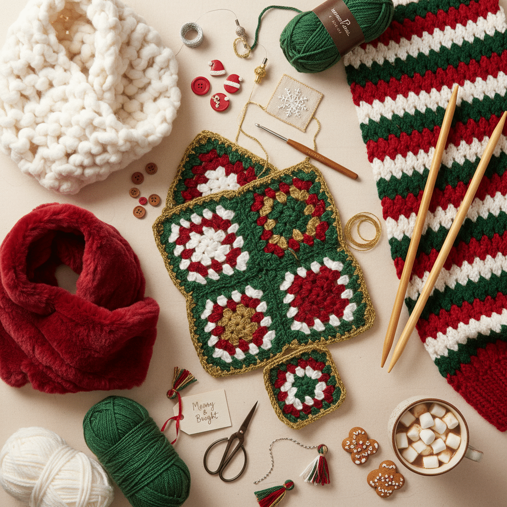 Festive holiday knitting setup with yarn, crochet squares, accessories, and hot cocoa on a cozy crafting table.