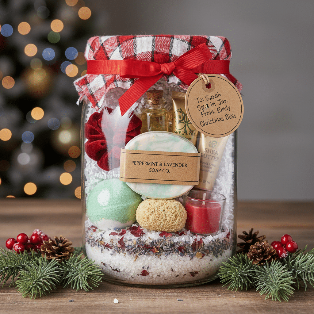 Festive holiday gift jar with peppermint soap, oils, and a red bow, perfect for Christmas gifting, in front of a tree.