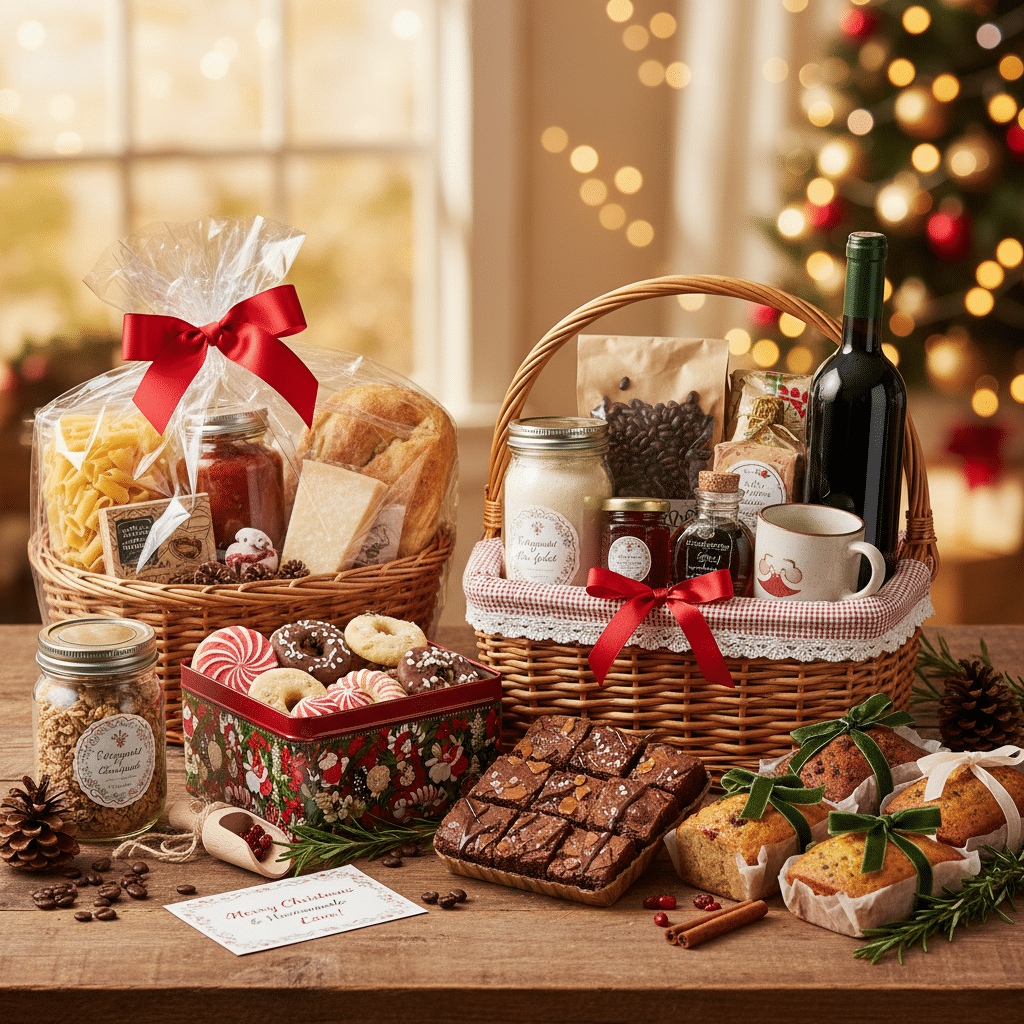Festive holiday gift baskets with wine, cookies, jams, and assorted treats on a wooden table, Christmas tree in background.