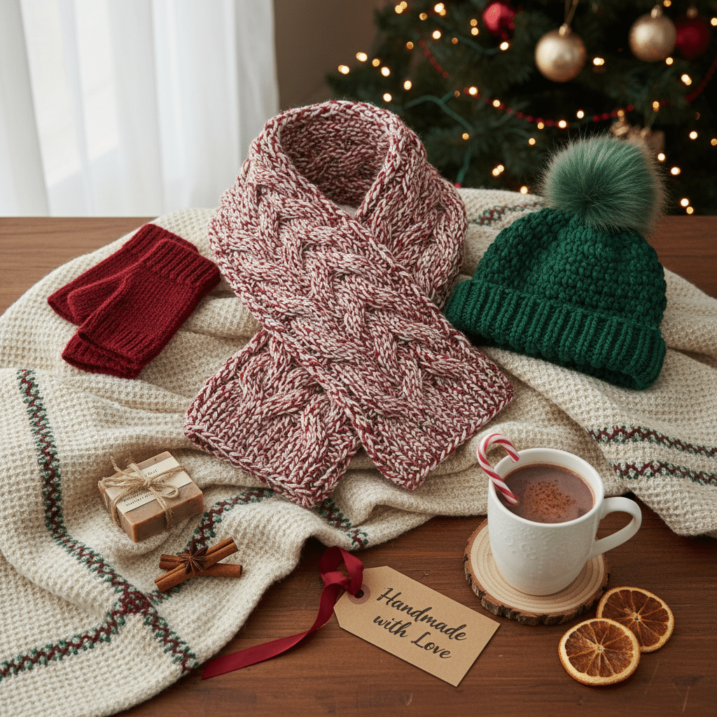 Cozy holiday scene: knit scarf, beanie, and gloves with hot cocoa, gift, and tag reading Handmade with Love by tree.
