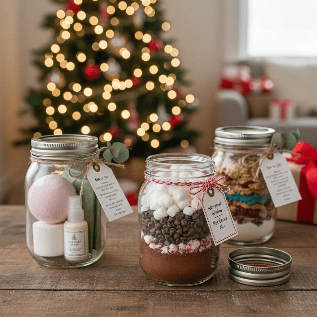 Festive holiday-themed mason jar gifts on wood table with blurred Christmas tree in the background.