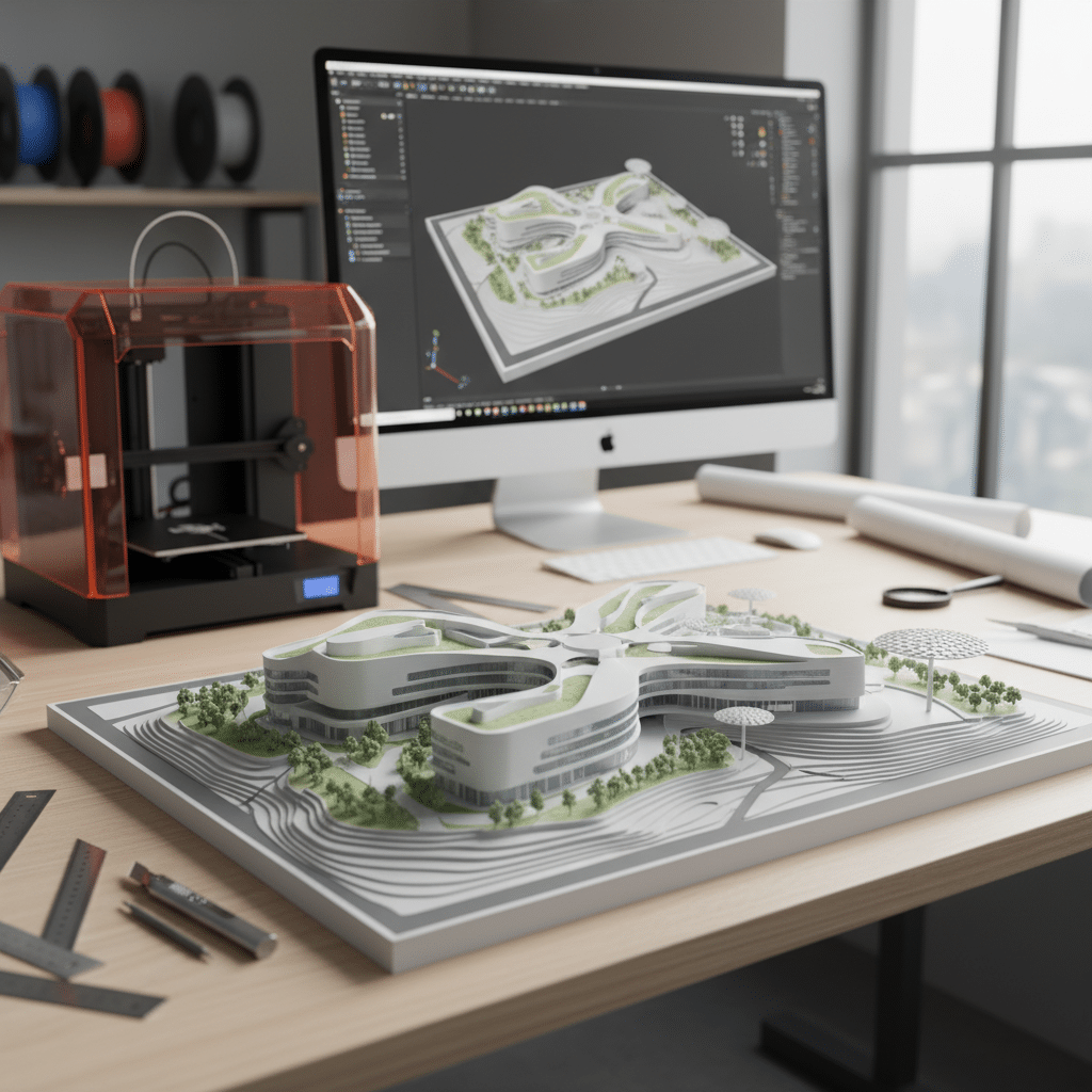 ai-photo-studio-1762282156072-1 Architectural model on desk with 3D printer and computer displaying design software in modern office setting. | Sky Rye Design Architectural model on desk with 3D printer and computer displaying design software in modern office setting.