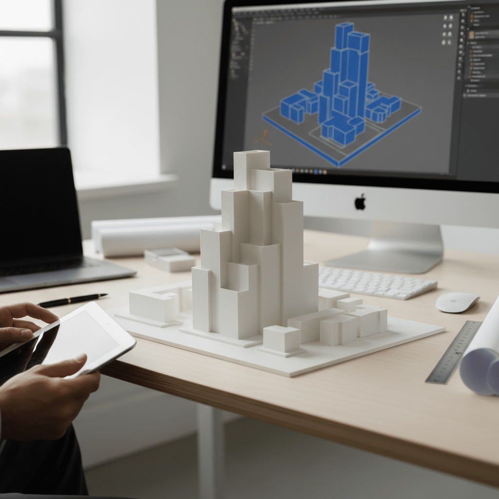 ai-photo-studio-1762282159183-2 Architectural model and digital design on computer screen in modern workspace. | Sky Rye Design Architectural model and digital design on computer screen in modern workspace.