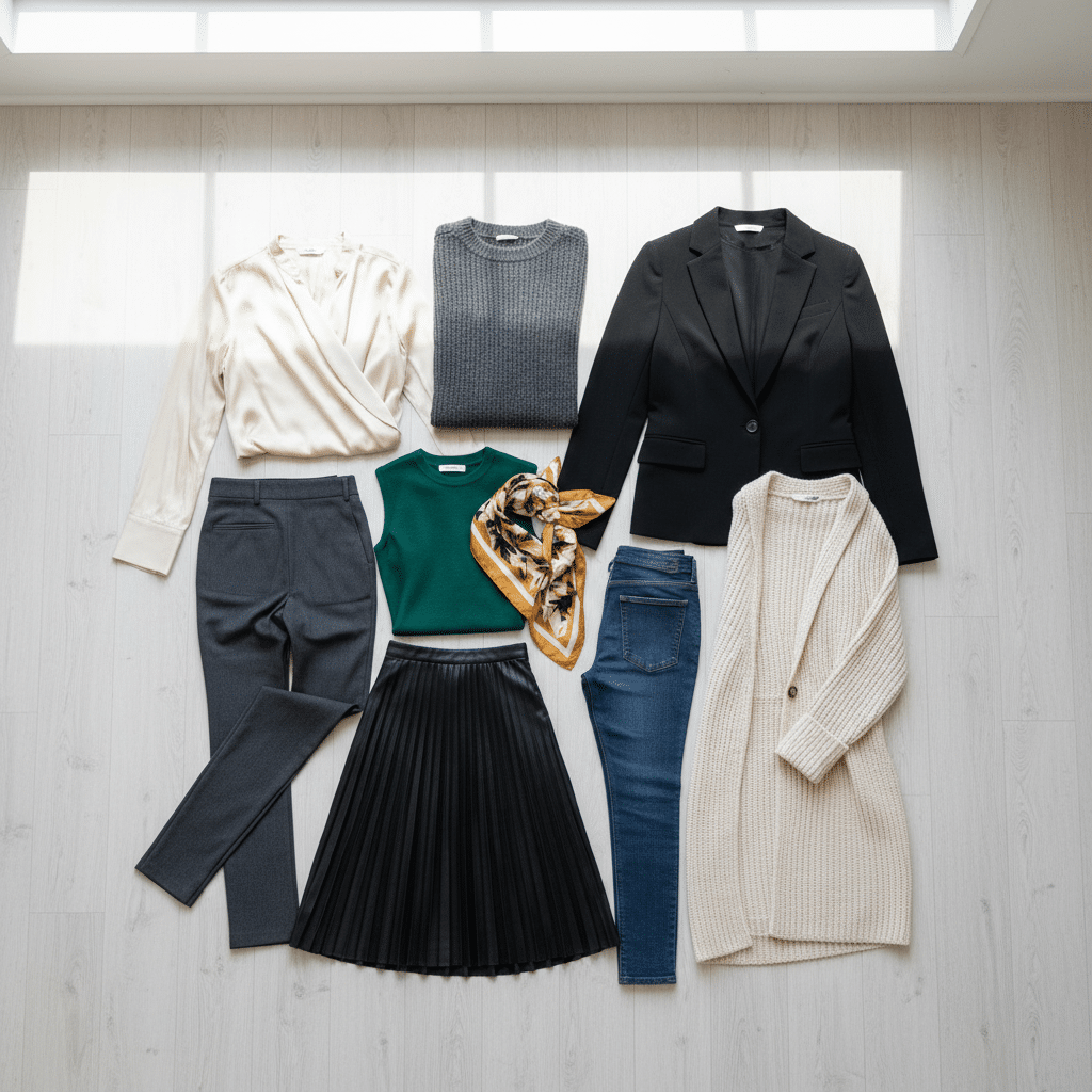 ai-photo-studio-1762298358950-1 Flat lay of stylish women's clothing featuring blouses, blazers, skirts, pants, jeans, and a scarf on a light wood floor. | Sky Rye Design Flat lay of stylish women's clothing featuring blouses, blazers, skirts, pants, jeans, and a scarf on a light wood floor.