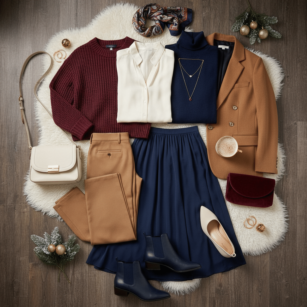 ai-photo-studio-1762298374086-1 Fall fashion flat lay: sweaters, blouses, trousers, skirt, boots, accessories on wood floor. Cozy autumn style. | Sky Rye Design Fall fashion flat lay: sweaters, blouses, trousers, skirt, boots, accessories on wood floor. Cozy autumn style.