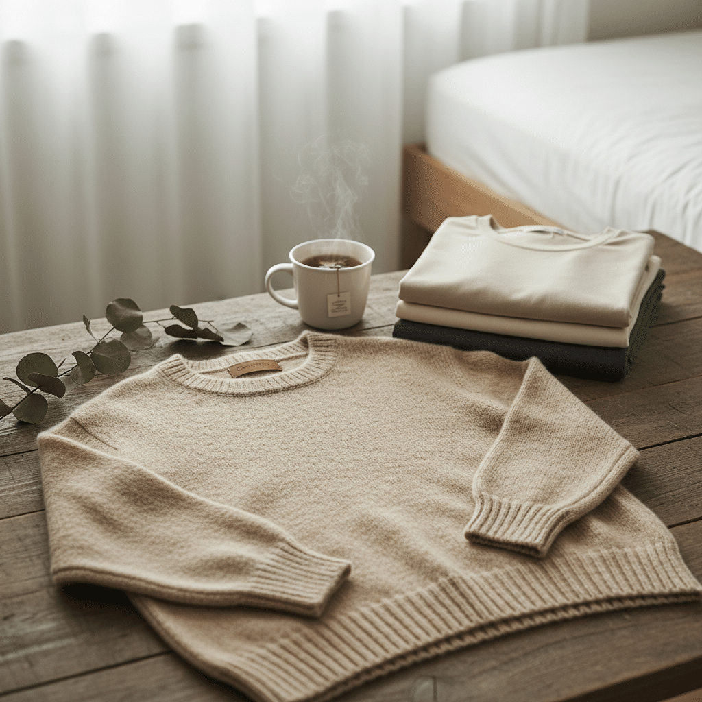 ai-photo-studio-1762298424032-1 Cozy beige sweater on wooden table with cup of steaming tea, eucalyptus leaves and stacked folded clothes. | Sky Rye Design Cozy beige sweater on wooden table with cup of steaming tea, eucalyptus leaves and stacked folded clothes.