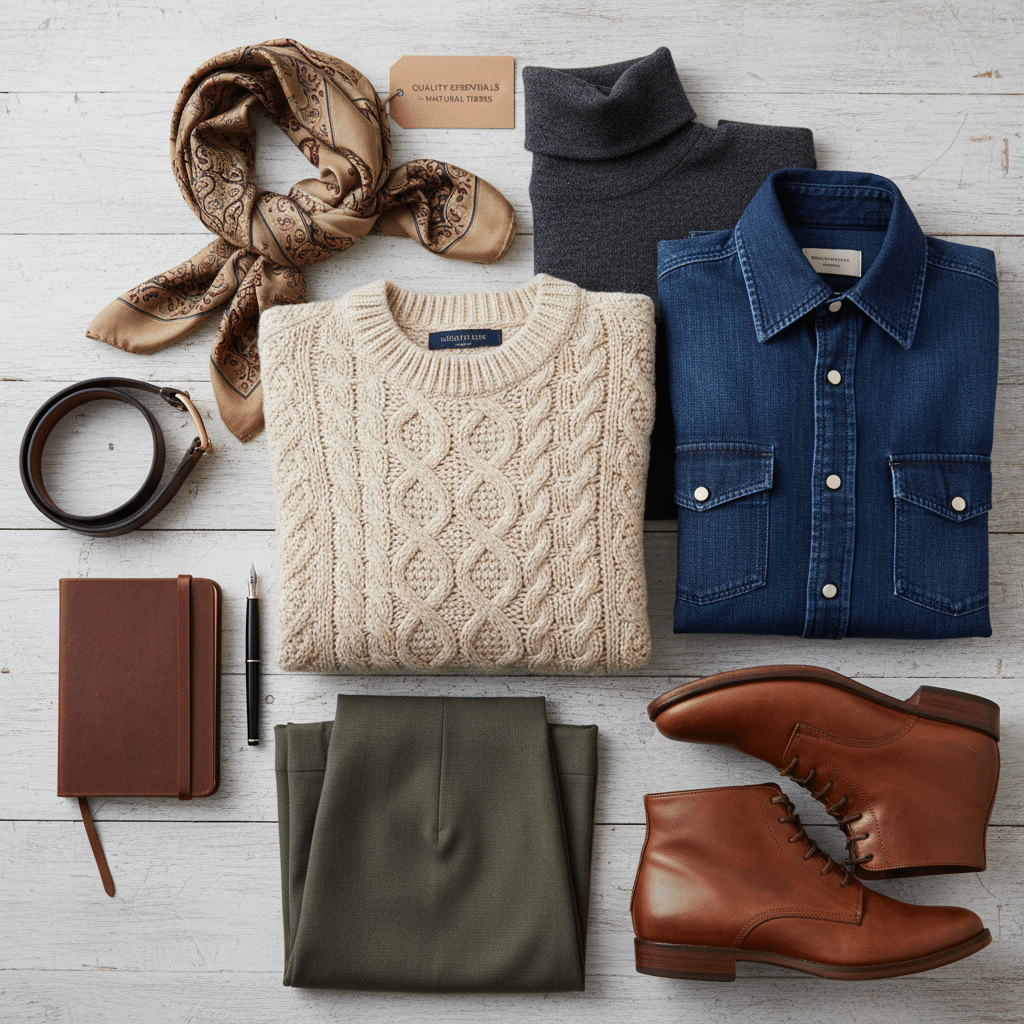 ai-photo-studio-1762298439404-1 Flat lay of men's fall fashion essentials: knit sweater, scarf, denim shirt, trousers, boots, belt, and notebook. | Sky Rye Design Flat lay of men's fall fashion essentials: knit sweater, scarf, denim shirt, trousers, boots, belt, and notebook.