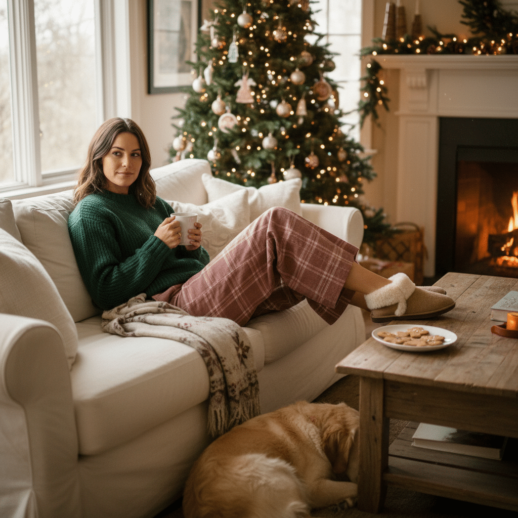 ai-photo-studio-1762298497851-1 Woman relaxing on sofa with a mug, near Christmas tree and fireplace, cozy atmosphere, dog lying nearby. | Sky Rye Design Woman relaxing on sofa with a mug, near Christmas tree and fireplace, cozy atmosphere, dog lying nearby.