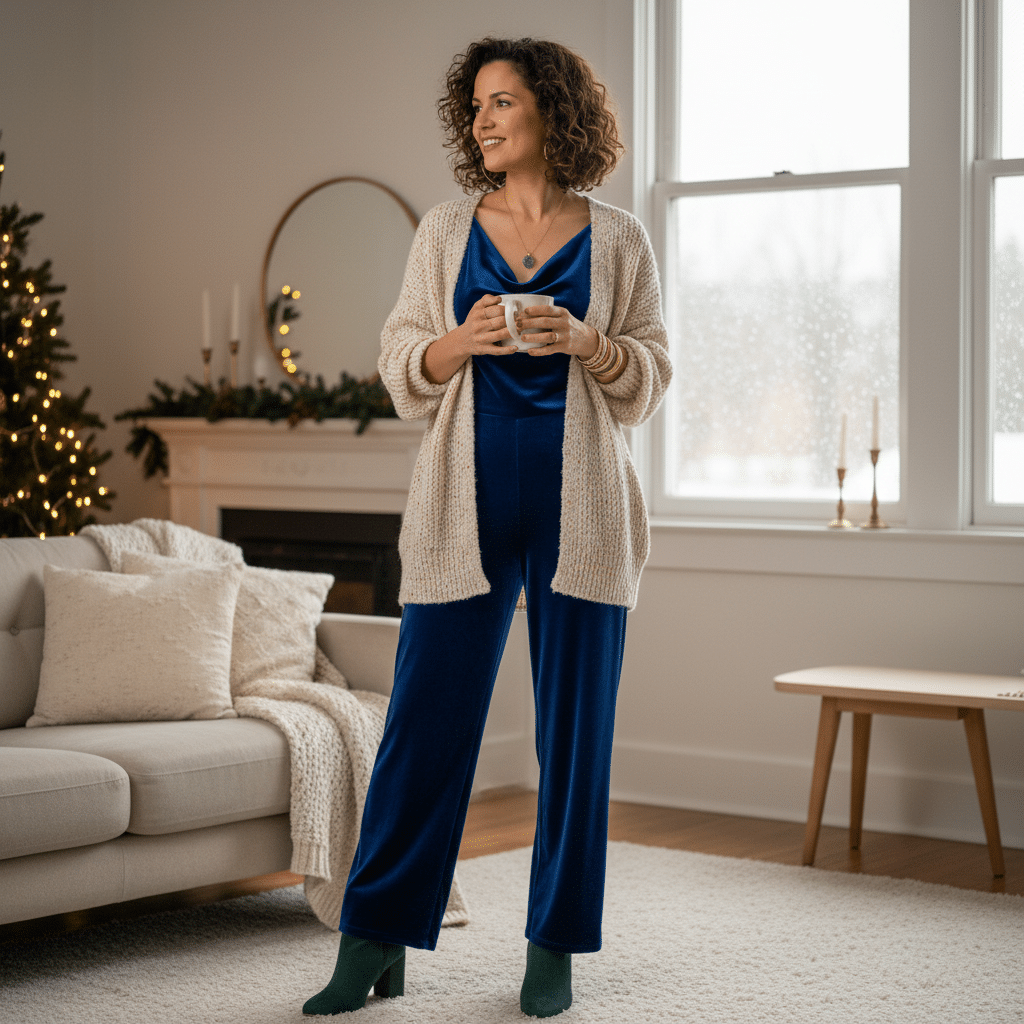 ai-photo-studio-1762298529783-1 Woman in cozy winter outfit with a mug, standing near holiday decor in a bright living room. | Sky Rye Design Woman in cozy winter outfit with a mug, standing near holiday decor in a bright living room.