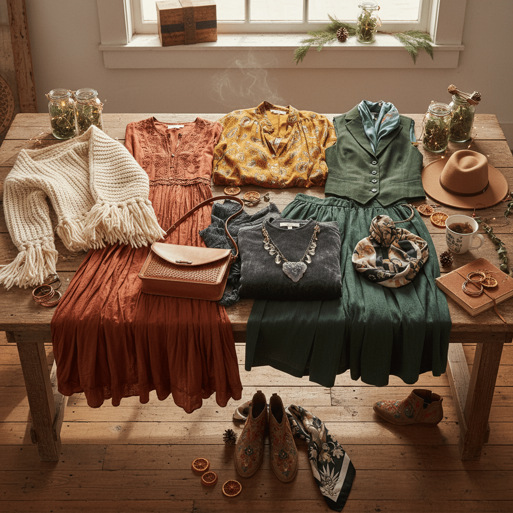 ai-photo-studio-1762298542454-1 Bohemian style clothing and accessories on a rustic wooden table, featuring dresses, hats, and jewelry. | Sky Rye Design Bohemian style clothing and accessories on a rustic wooden table, featuring dresses, hats, and jewelry.