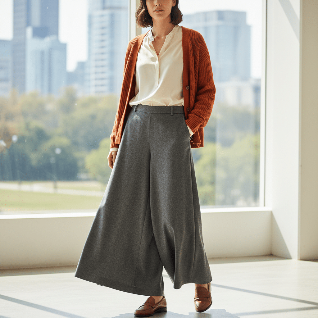 ai-photo-studio-1762298776933-1 Woman in stylish wide-leg pants and cardigan in bright room with city view. | Sky Rye Design Woman in stylish wide-leg pants and cardigan in bright room with city view.