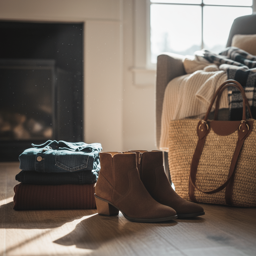 ai-photo-studio-1762299128199-1 Stacked clothing, brown ankle boots, and a woven tote in cozy living room setting near fireplace. | Sky Rye Design Stacked clothing, brown ankle boots, and a woven tote in cozy living room setting near fireplace.