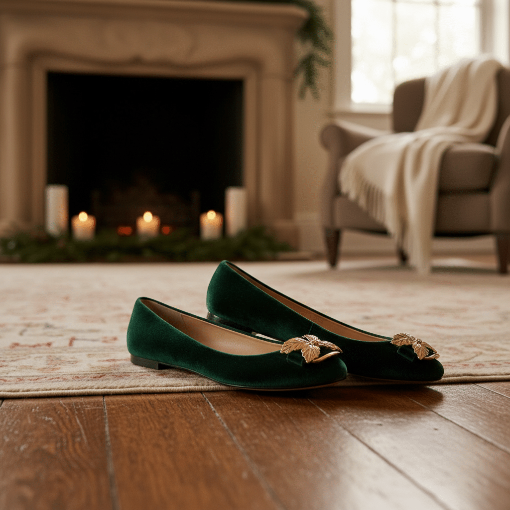 ai-photo-studio-1762299149164-1 Elegant green velvet shoes with gold leaf embellishments on a cozy living room floor. | Sky Rye Design Elegant green velvet shoes with gold leaf embellishments on a cozy living room floor.