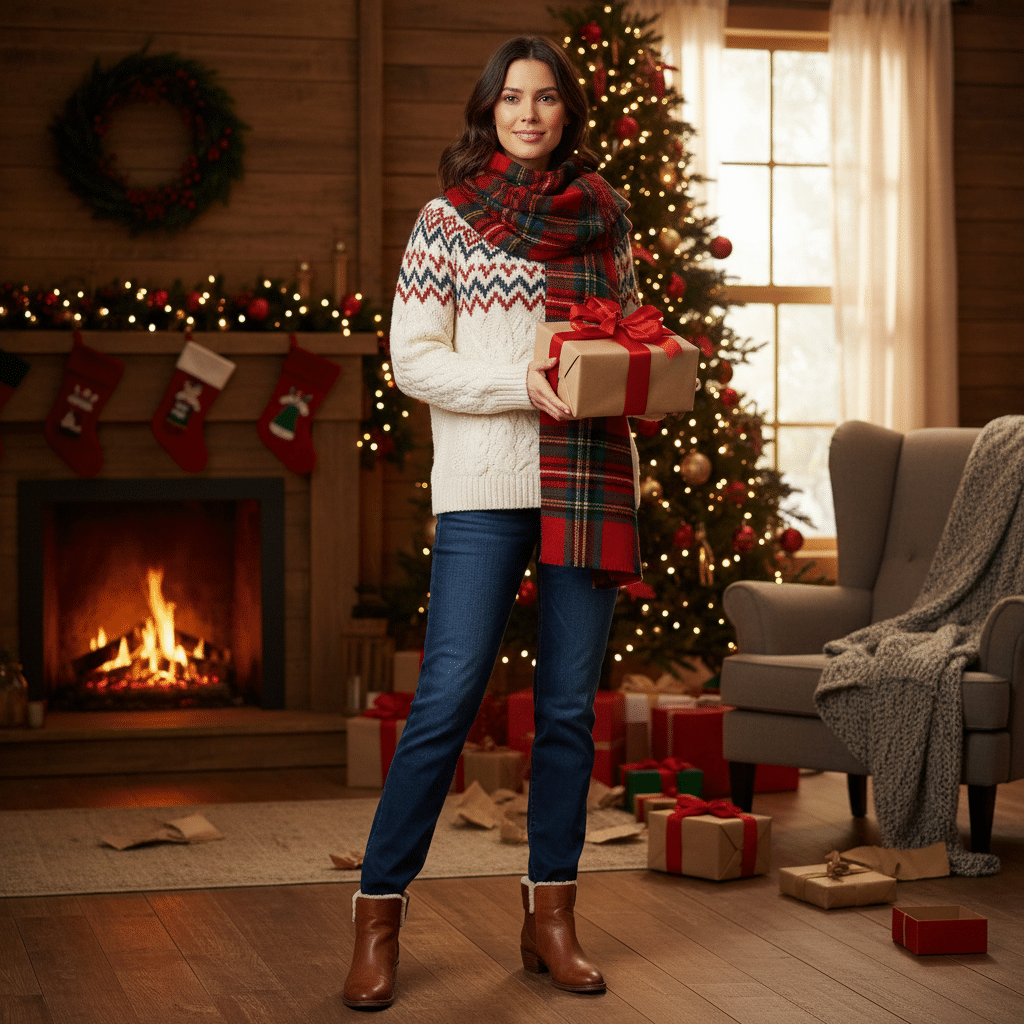 ai-photo-studio-1762299189819-1 Woman holding a gift by a fireplace, wearing a festive sweater and scarf with Christmas decorations in the background. | Sky Rye Design Woman holding a gift by a fireplace, wearing a festive sweater and scarf with Christmas decorations in the background.