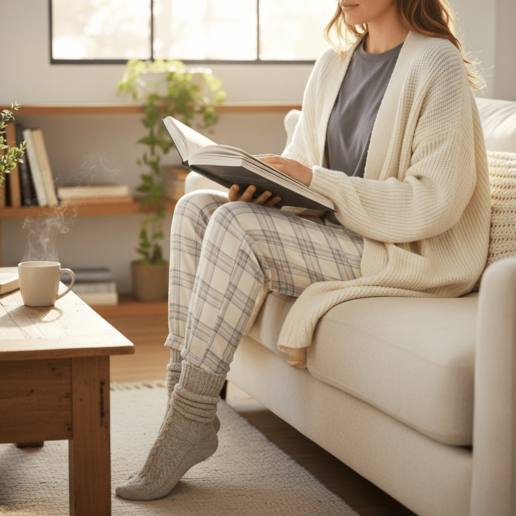 ai-photo-studio-1762299211569-1 Cozy morning scene: woman in knit sweater reading on couch, with a warm cup of coffee on the table nearby. | Sky Rye Design Cozy morning scene: woman in knit sweater reading on couch, with a warm cup of coffee on the table nearby.