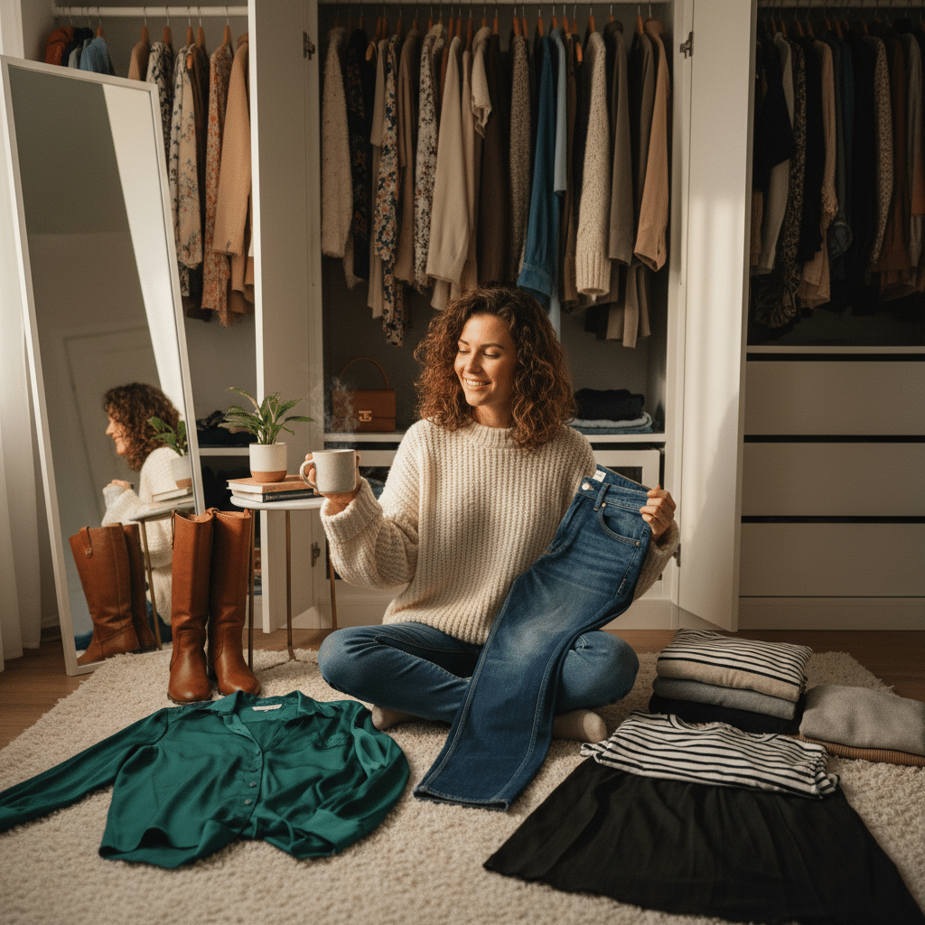 ai-photo-studio-1762299273552-1 Woman sitting in cozy room holding coffee and jeans, surrounded by clothes in front of open wardrobe. | Sky Rye Design Woman sitting in cozy room holding coffee and jeans, surrounded by clothes in front of open wardrobe.