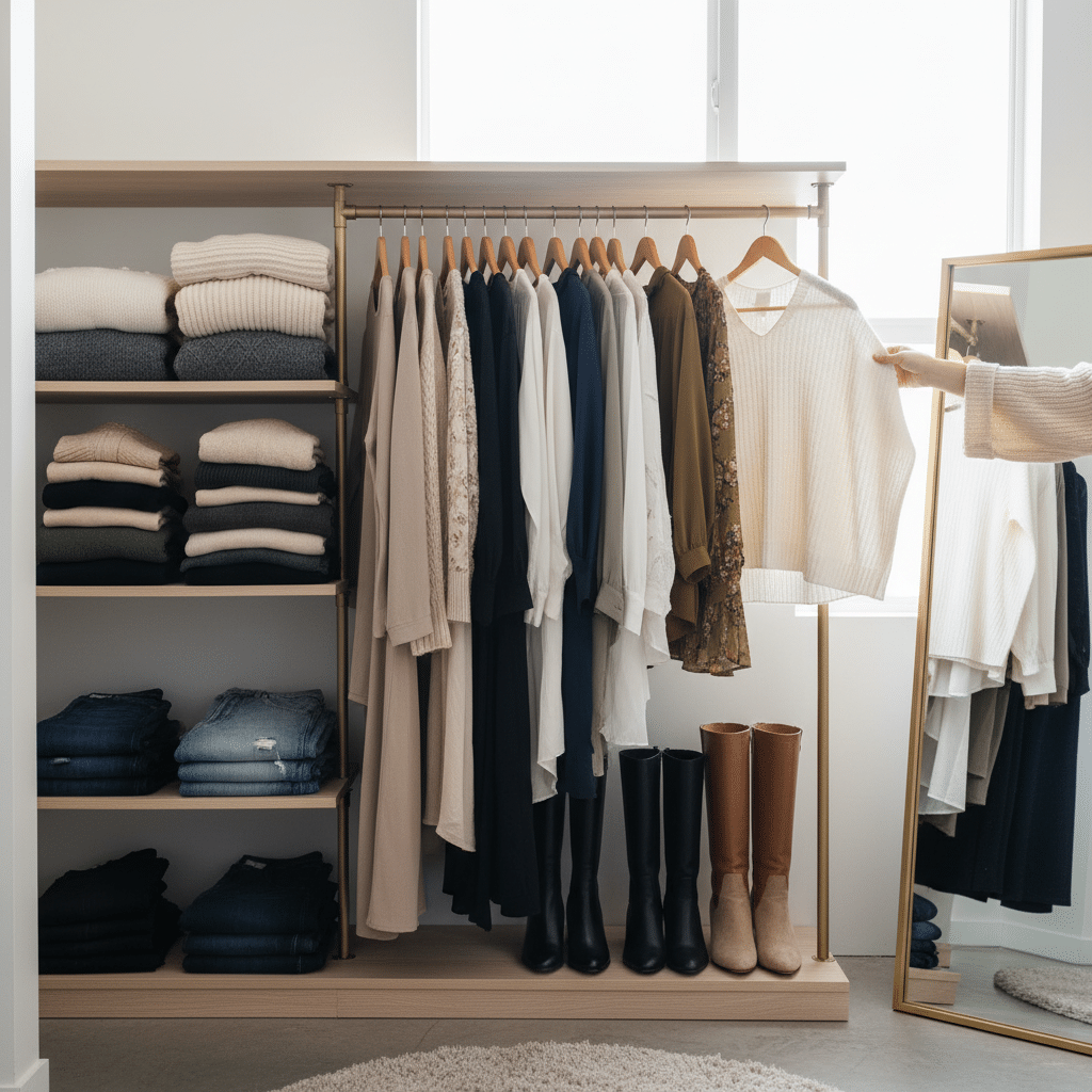 ai-photo-studio-1762299303434-1 Organized wardrobe with neatly arranged clothes, folded sweaters, jeans, and boots, featuring a person selecting a sweater. | Sky Rye Design Organized wardrobe with neatly arranged clothes, folded sweaters, jeans, and boots, featuring a person selecting a sweater.