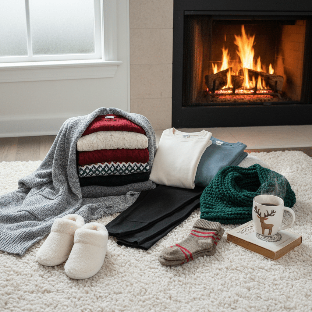 ai-photo-studio-1762299361421-1 Cozy winter essentials by the fireplace: sweaters, scarf, slippers, and a steaming mug on a soft, white rug. | Sky Rye Design Cozy winter essentials by the fireplace: sweaters, scarf, slippers, and a steaming mug on a soft, white rug.