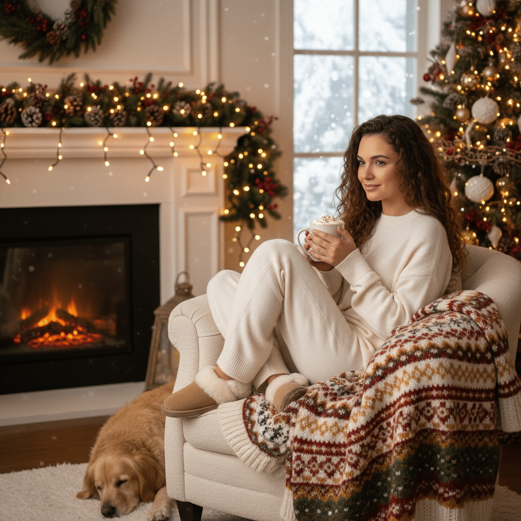 ai-photo-studio-1762299374637-1 Cozy woman with hot chocolate by fireplace and Christmas tree, festive decor, dog resting nearby. | Sky Rye Design Cozy woman with hot chocolate by fireplace and Christmas tree, festive decor, dog resting nearby.