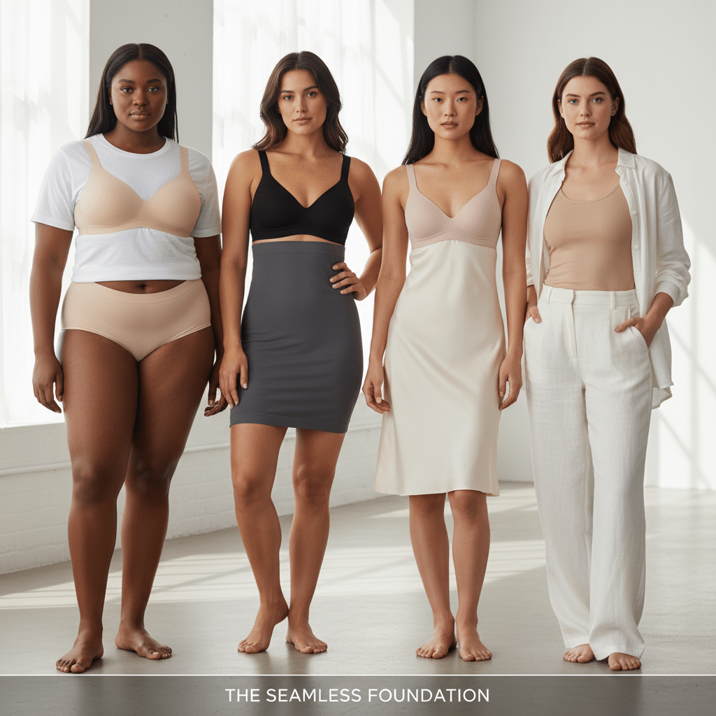 ai-photo-studio-1762299449881-1 Four women in seamless foundations showcasing diverse body types in neutral-toned lingerie and clothing. | Sky Rye Design Four women in seamless foundations showcasing diverse body types in neutral-toned lingerie and clothing.