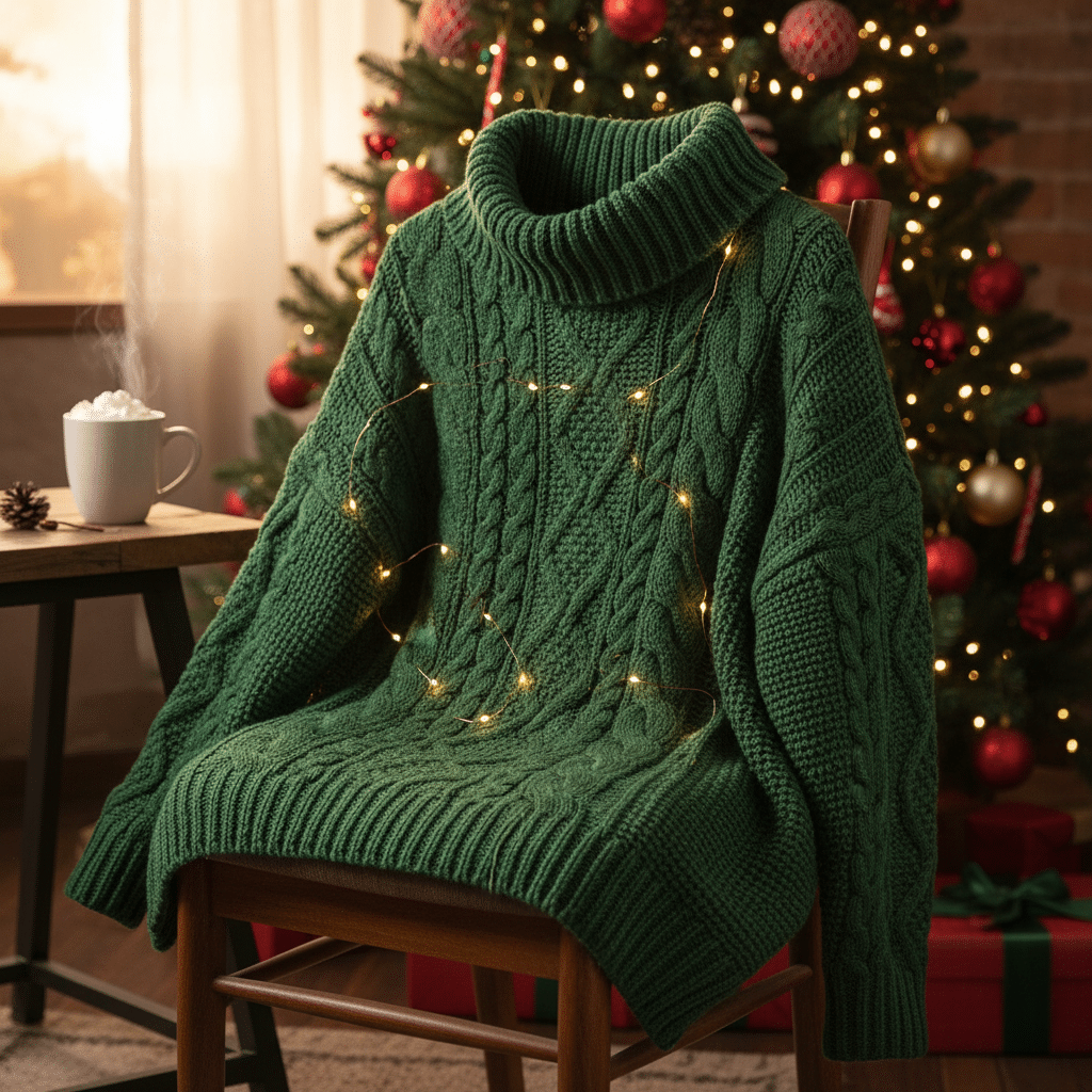 ai-photo-studio-1762299503971-1 Cozy green cable-knit sweater with fairy lights, near holiday tree and hot cocoa. Perfect winter warmth. | Sky Rye Design Cozy green cable-knit sweater with fairy lights, near holiday tree and hot cocoa. Perfect winter warmth.