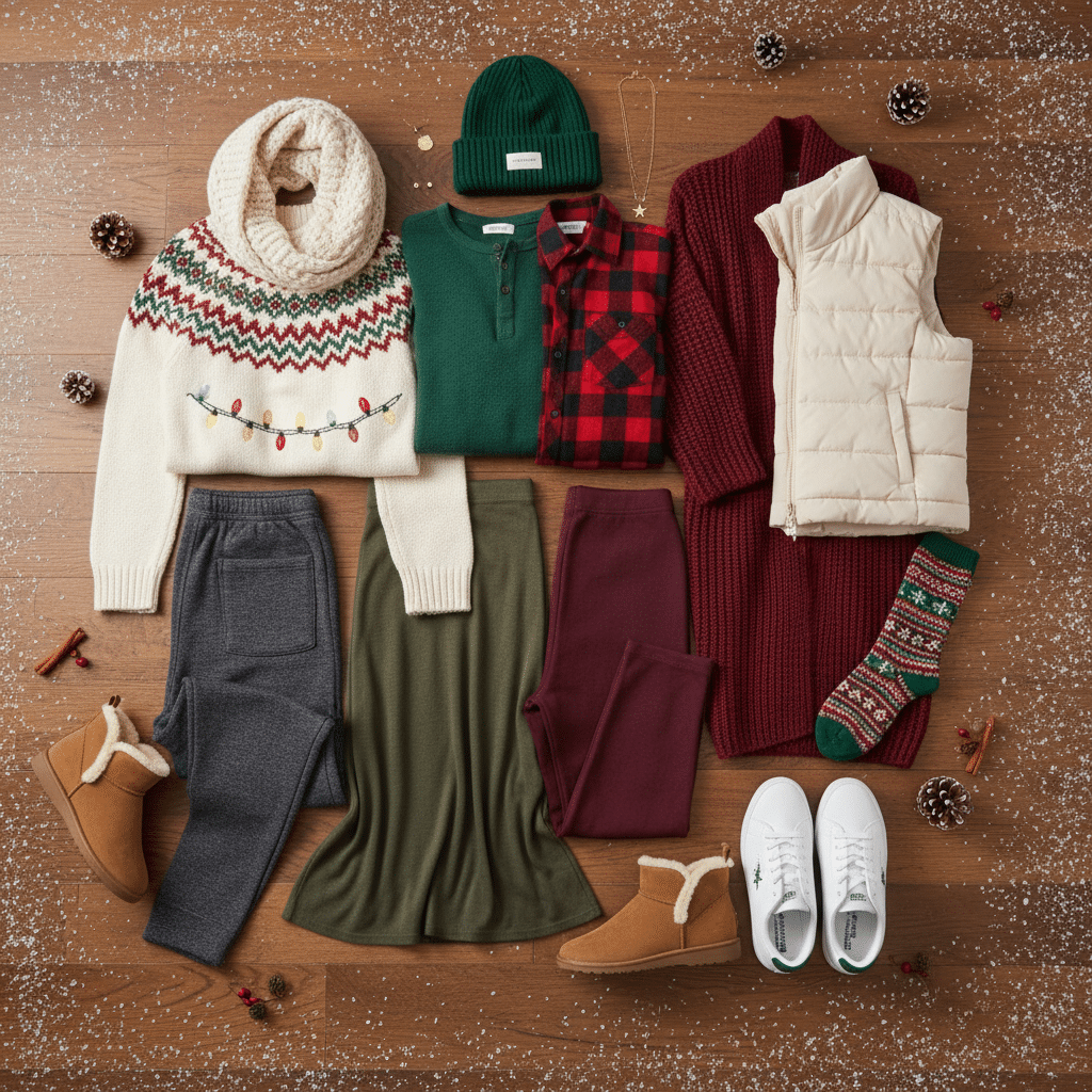ai-photo-studio-1762299530140-1 Winter clothing collection with festive sweaters, green beanie, plaid shirt, leggings, and cozy shoes on wooden floor. | Sky Rye Design Winter clothing collection with festive sweaters, green beanie, plaid shirt, leggings, and cozy shoes on wooden floor.