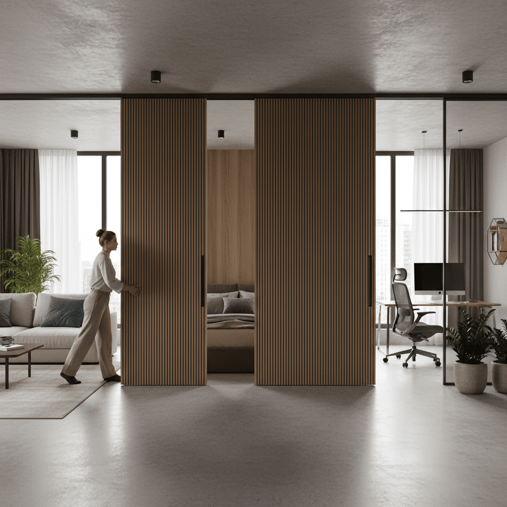 ai-photo-studio-1762375422162-1 Modern living space with sliding wooden doors, a sofa, and a home office setup. Woman interacts with doors. | Sky Rye Design Modern living space with sliding wooden doors, a sofa, and a home office setup. Woman interacts with doors.