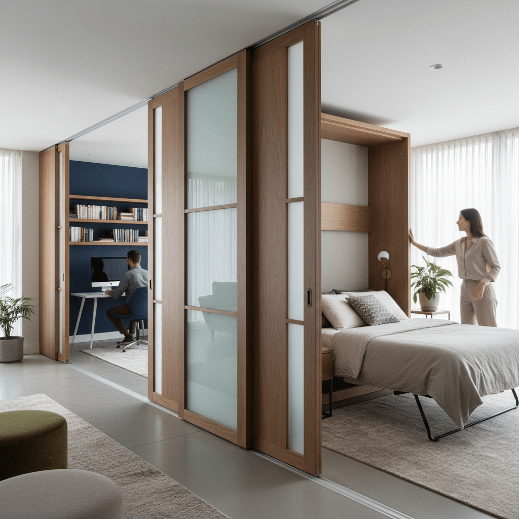 ai-photo-studio-1762375476774-1 Modern studio apartment with a workspace, sliding wooden doors, and a pull-down bed setup for efficient space use. | Sky Rye Design Modern studio apartment with a workspace, sliding wooden doors, and a pull-down bed setup for efficient space use.
