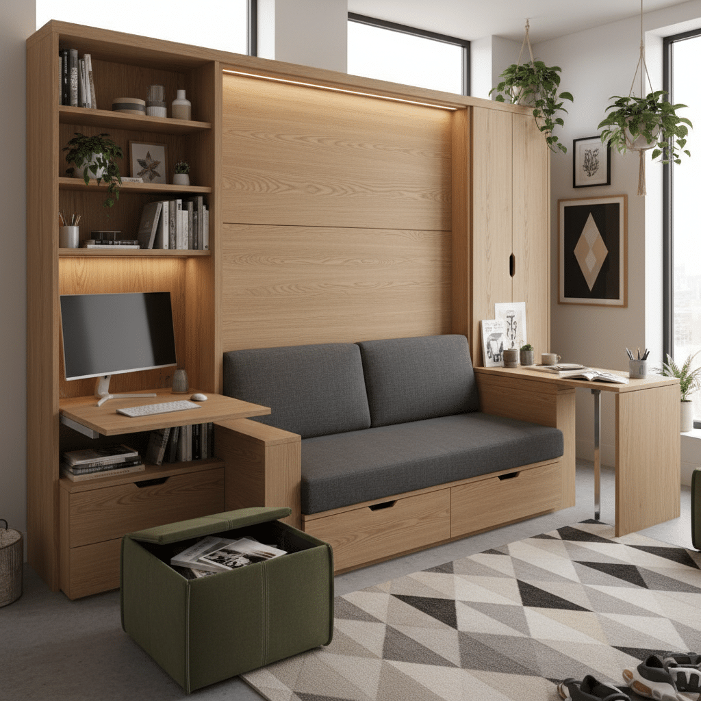 ai-photo-studio-1762375517485-1 Modern multifunctional home office with a wooden desk, gray sofa, and shelving, featuring plants and decor accents. | Sky Rye Design Modern multifunctional home office with a wooden desk, gray sofa, and shelving, featuring plants and decor accents.