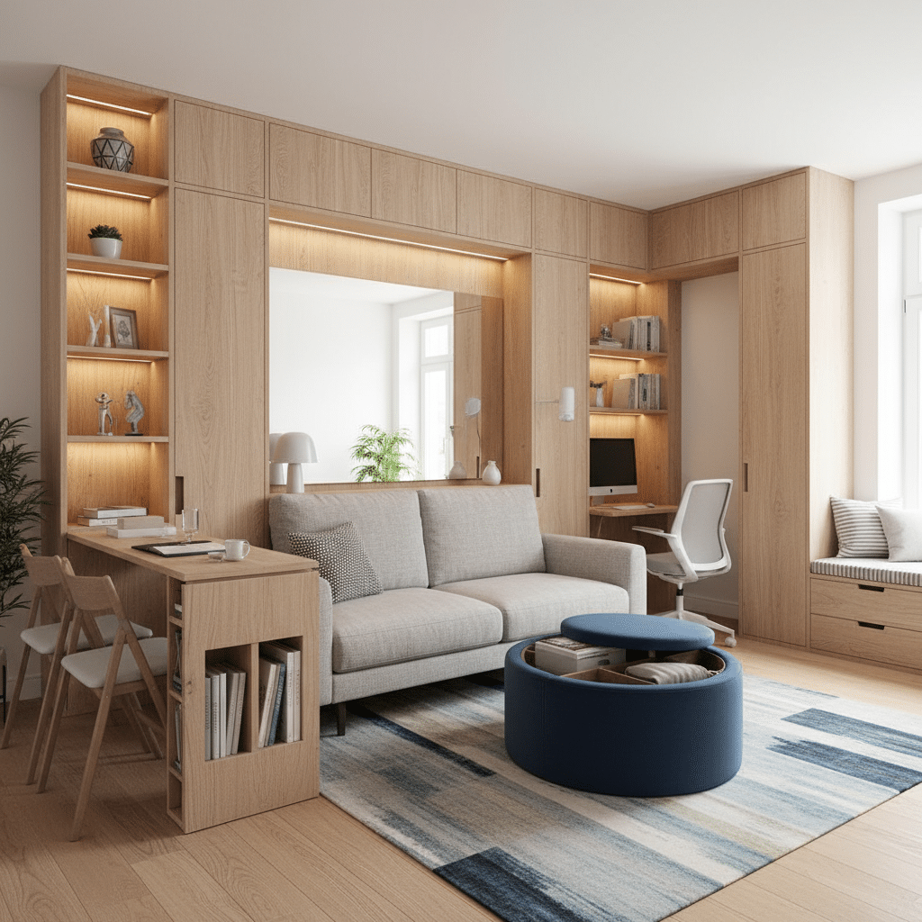 ai-photo-studio-1762375532520-1 Modern living room with light wood shelves, grey sofa, and workspace, featuring minimalist decor and natural lighting. | Sky Rye Design Modern living room with light wood shelves, grey sofa, and workspace, featuring minimalist decor and natural lighting.