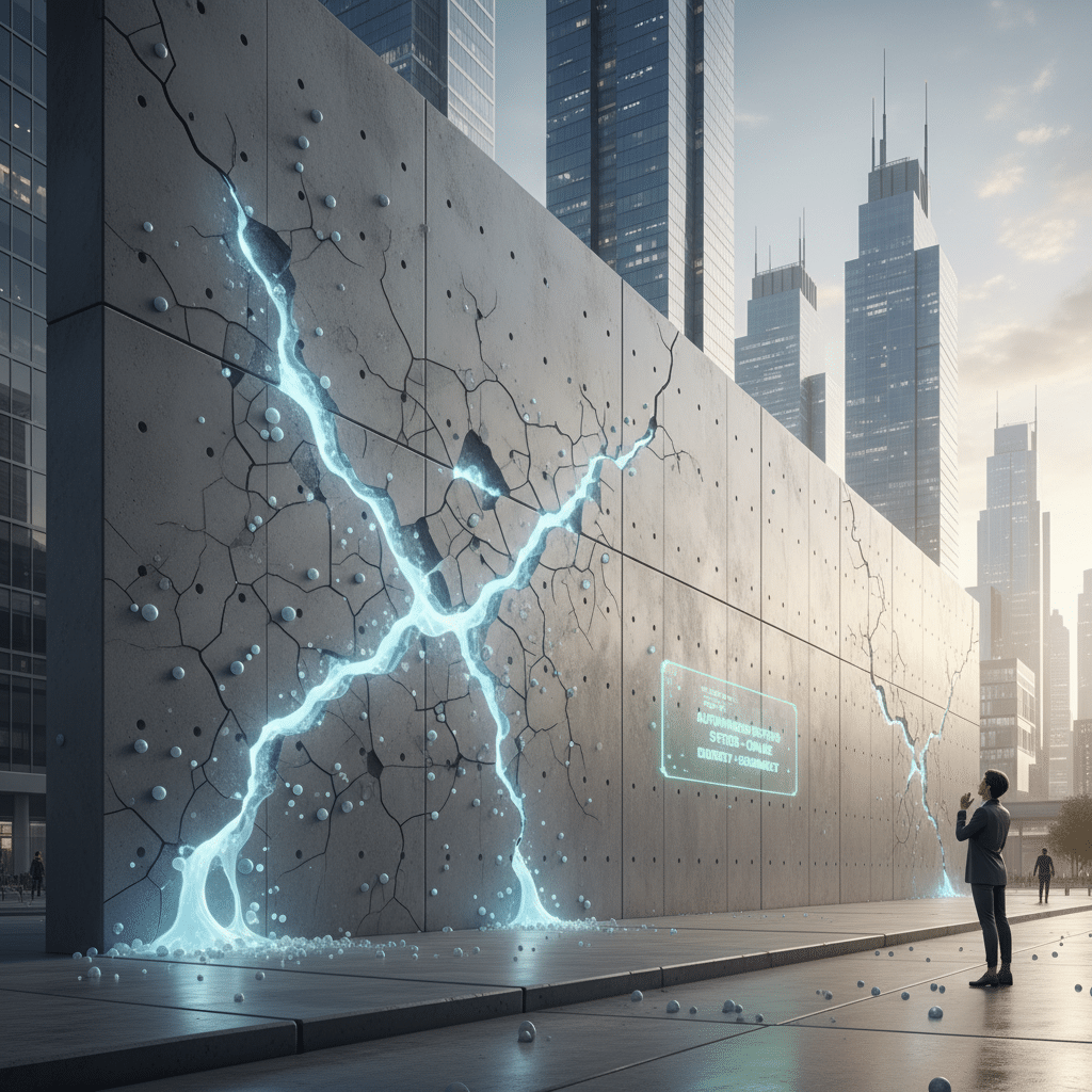ai-photo-studio-1762377081094-1 Futuristic cityscape with glowing cracks on a concrete wall, person observing the structure. | Sky Rye Design Futuristic cityscape with glowing cracks on a concrete wall, person observing the structure.