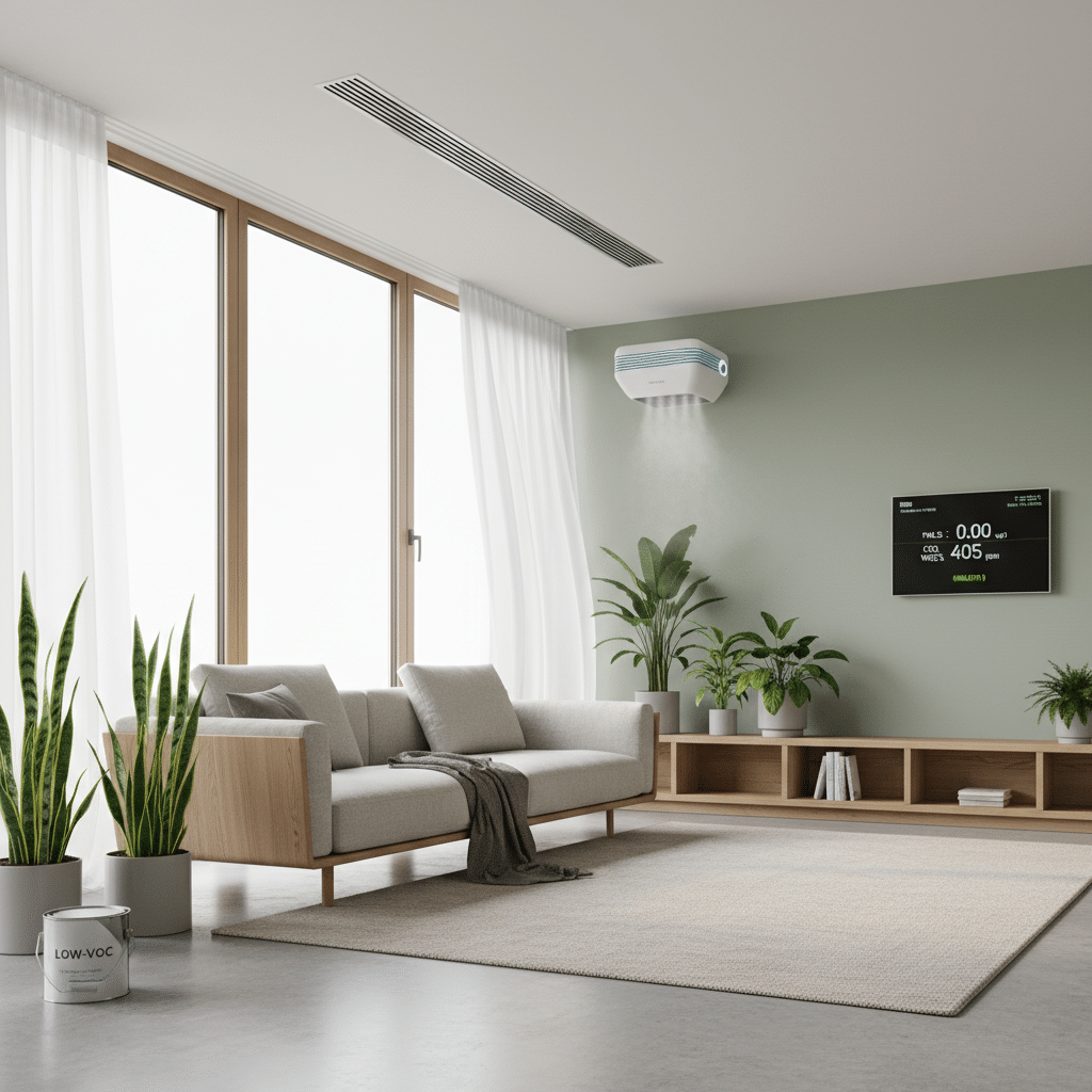 ai-photo-studio-1762377408623-1 Modern living room with gray sofa, green plants, air purifier on a light green wall, and large windows. | Sky Rye Design Modern living room with gray sofa, green plants, air purifier on a light green wall, and large windows.