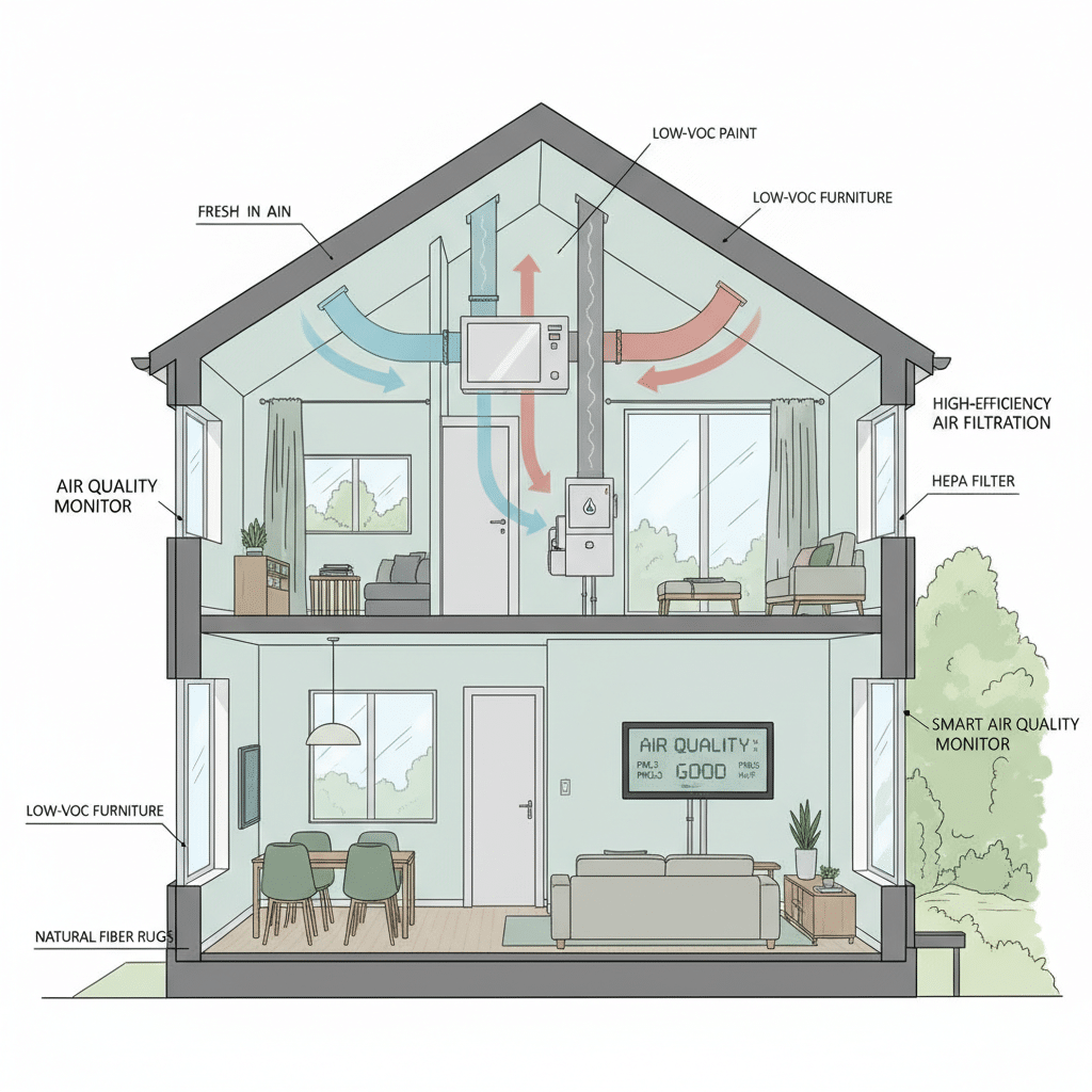 ai-photo-studio-1762377423620-1 Illustration of a home with labeled air quality systems, highlighting low-VOC materials and HEPA filtration. | Sky Rye Design Illustration of a home with labeled air quality systems, highlighting low-VOC materials and HEPA filtration.