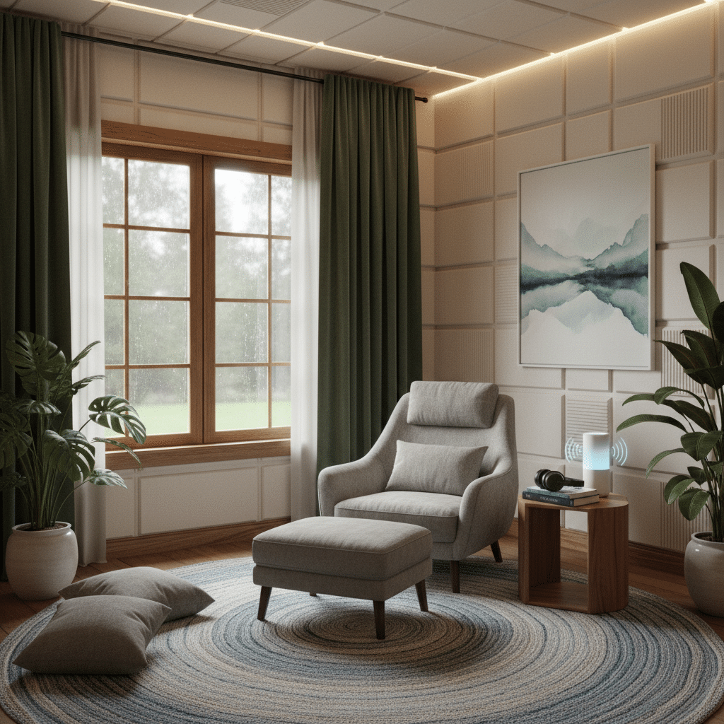 ai-photo-studio-1762377484077-1 Cozy living room with a gray armchair, ottoman, green curtains, indoor plants, and a round rug near a large window. | Sky Rye Design Cozy living room with a gray armchair, ottoman, green curtains, indoor plants, and a round rug near a large window.
