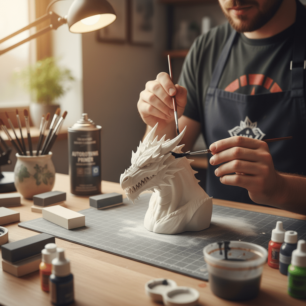ai-photo-studio-1762457889645-2 Artist painting a 3D-printed dragon model in a workshop, surrounded by paints and tools. | Sky Rye Design Artist painting a 3D-printed dragon model in a workshop, surrounded by paints and tools.