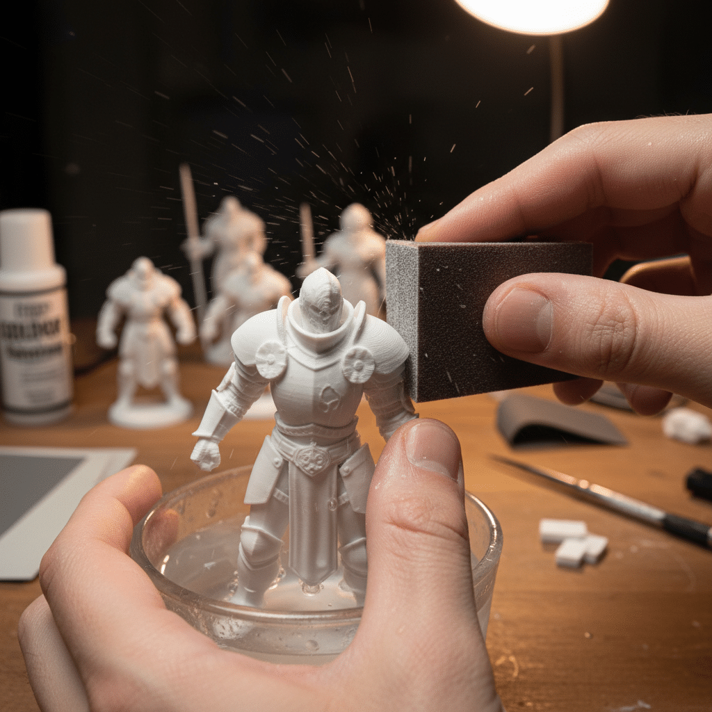ai-photo-studio-1762457980234-1 Sanding a miniature knight figurine for painting on a crafting table. | Sky Rye Design Sanding a miniature knight figurine for painting on a crafting table.