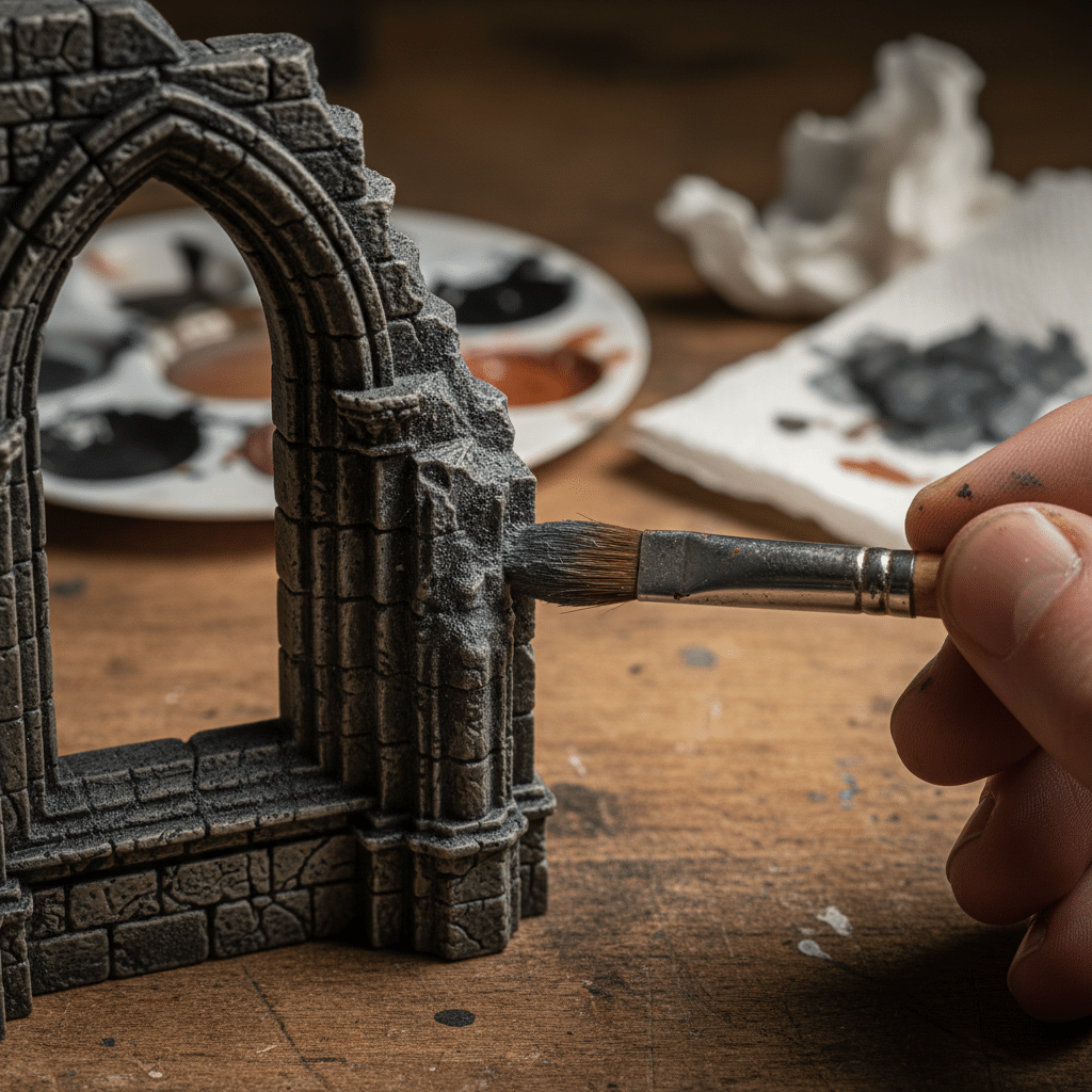 ai-photo-studio-1762458027124-2 Hand painting a stone miniature arch with detailed brushwork on a wooden table, palette in background. | Sky Rye Design Hand painting a stone miniature arch with detailed brushwork on a wooden table, palette in background.